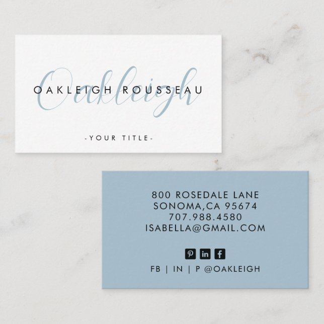 Carte De Visite Script moderne Monogramme Dusty Blue (Devant / Derrière)