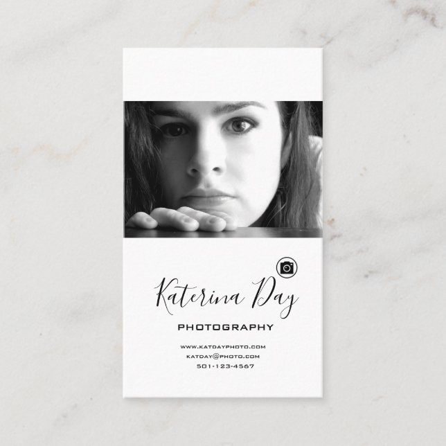 Carte De Visite Script moderne noir blanc portrait photo (Devant)