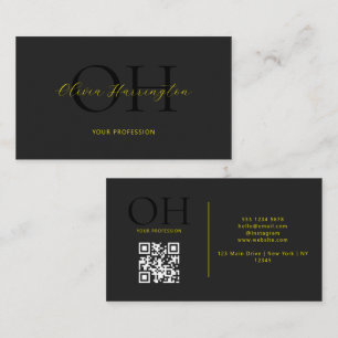 Carte De Visite Script moderne noir et jaune QR Code Monogramme