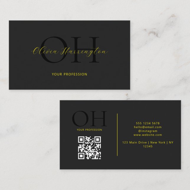Carte De Visite Script moderne noir et jaune QR Code Monogramme (Devant / Derrière)