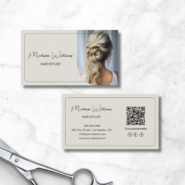 Carte De Visite Script moderne photo personnalisée QR Liste de che (Modern Script Custom Photo QR Hair Stylist Business Card)