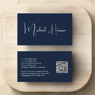Carte De Visite Script moderne professionnel QR Code Bleu