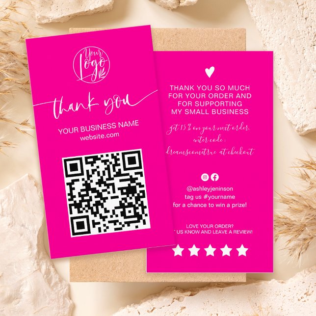 Carte De Visite Script moderne QR code rose chaud ordre merci (Modern script QR code hot pink order thank you Business Card)
