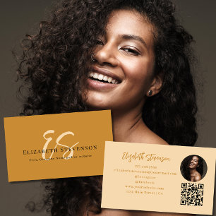 Carte De Visite Script Monogramme QR Code Photo Tan Brown Girl
