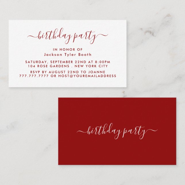 Carte De Visite Script simple - Billet d'anniversaire rouge et bla (Devant / Derrière)