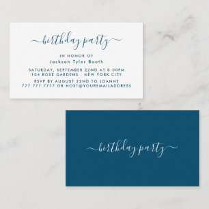 Carte De Visite Script simple - Bleu & Blanc Billet fête d'anniver