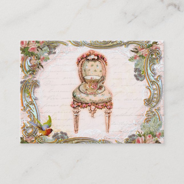 Carte De Visite Scrolls élégants et roses roses roses et Teacup (Devant)