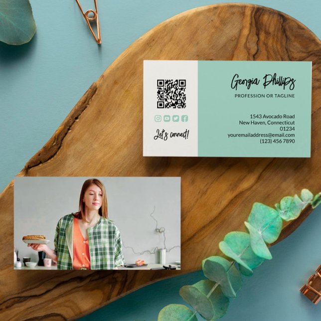 Carte De Visite Seafoam Green QR Code Photo Médias sociaux Icônes (Créateur téléchargé)