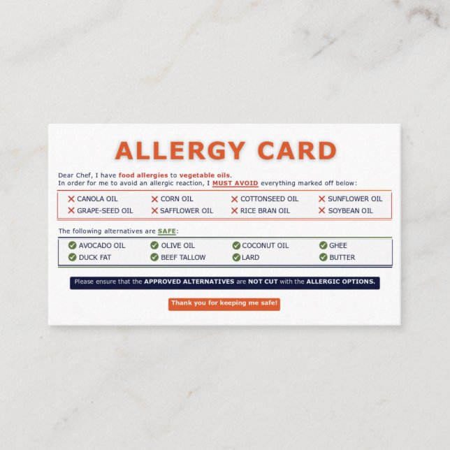 Carte De Visite Seed Oil Allergy Card (Devant)