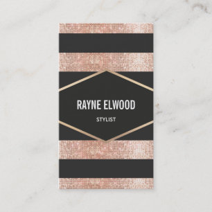 Carte De Visite Séquins chic et tendance en noir et cuivre rayé