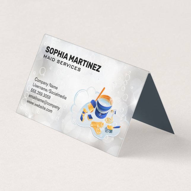 Carte De Visite Service de ménage | Mop et Broom | Bulles étincela (Devant)