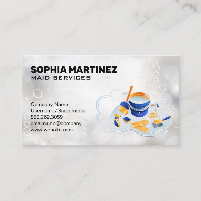 Carte De Visite Service de ménage | Mop et Broom | Bulles étincela (Devant)