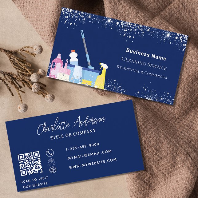 Carte De Visite Service de nettoyage bleu argent parties scintilla (Créateur téléchargé)