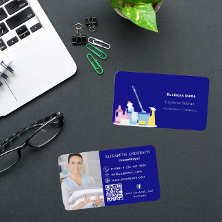 Carte De Visite Service de nettoyage bleu marine photo code QR