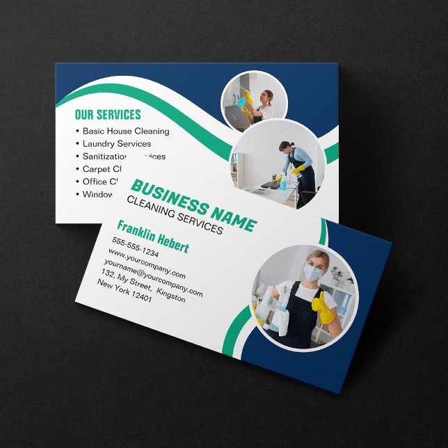 Carte De Visite Service de nettoyage bleu vert ménage (Créateur téléchargé)
