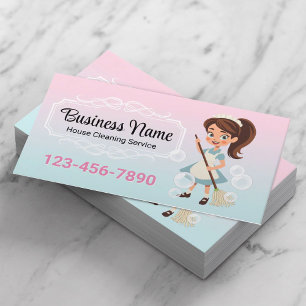 Carte De Visite Service De Nettoyage Cartoon Maid Pastel Pink Blue