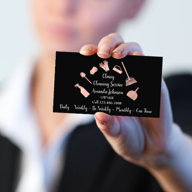 Carte De Visite Service de nettoyage classique Logo Or Rose de fem (Classy Cleaning Services Gold Logo Maid Rose Glam Business Card)