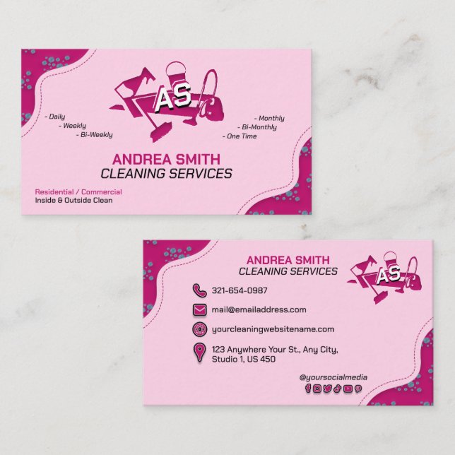 Carte De Visite Service de nettoyage de logo rose Cute Girly Profe (Devant / Derrière)