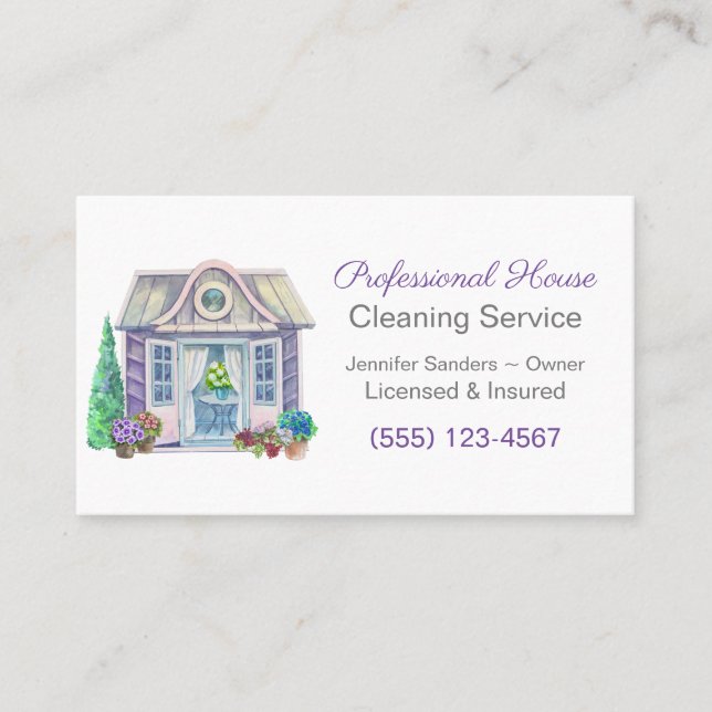 Carte De Visite Service De Nettoyage De Maison En Aquarelle Cute (Devant)