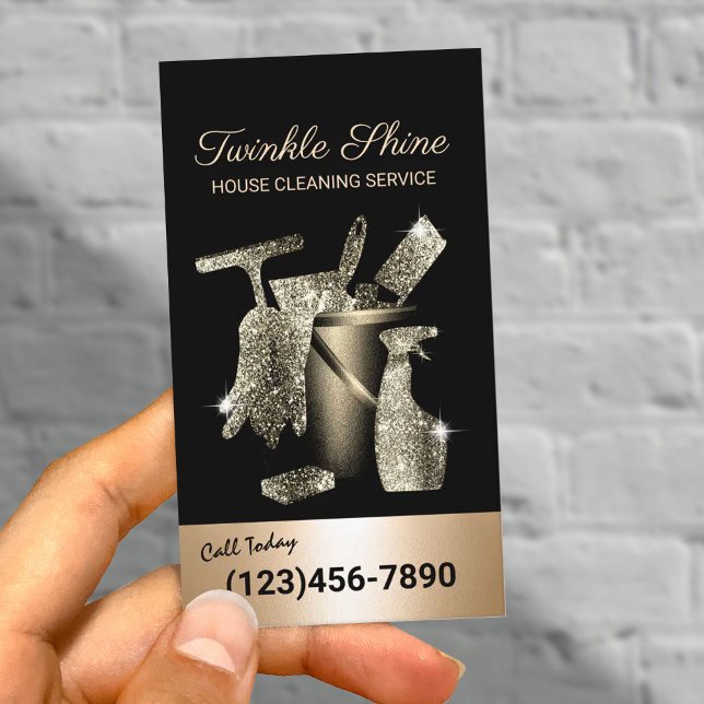 Carte De Visite Service de nettoyage de maison Noir & Or Ménage (Créateur téléchargé)