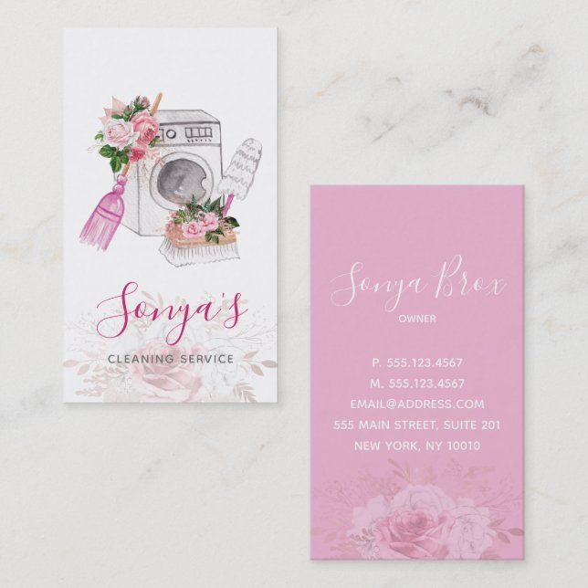 Carte De Visite Service de nettoyage Lave-linge à aquarelle floral (Devant / Derrière)