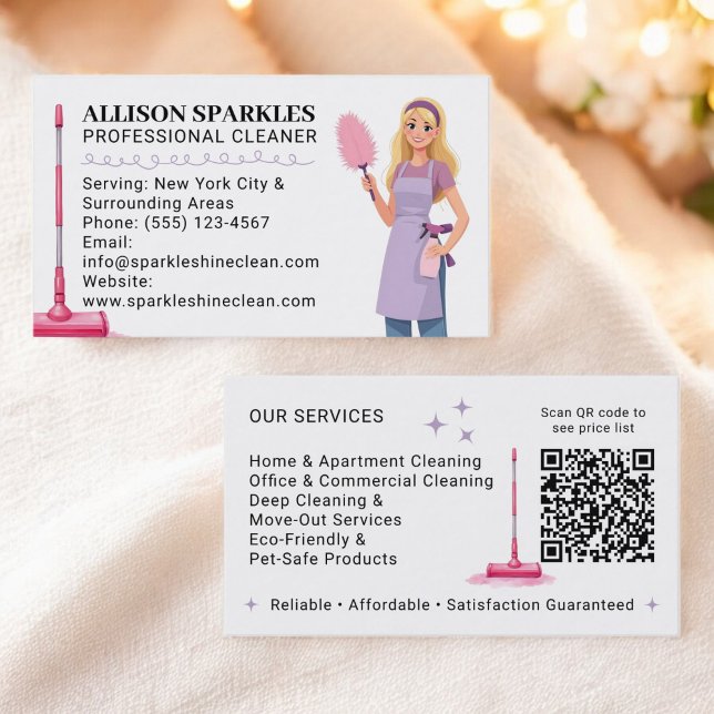 Carte De Visite Service de nettoyage mûr Illustration du code Qr (Cute Cleaning Service Maid Illustration Qr Code Business Card)