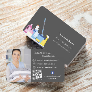 Carte De Visite Service de nettoyage photo gris code QR