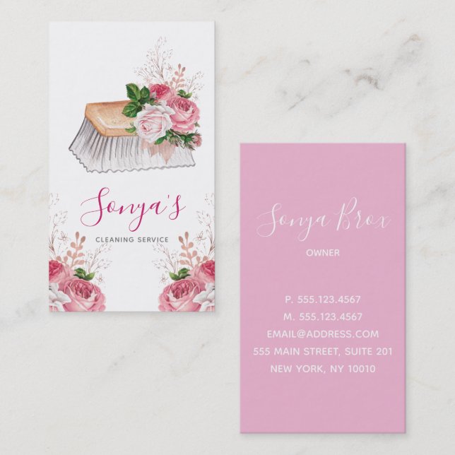 Carte De Visite Service de nettoyage Pinceau d'aquarelle florale (Devant / Derrière)