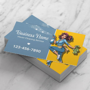 Carte De Visite Service de nettoyage Rétro Maid House Blue & Gold