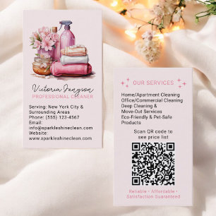 Carte De Visite Service de nettoyage rose élégant Code Qr de la fe