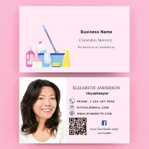 Carte De Visite Service de nettoyage rose QR code photo