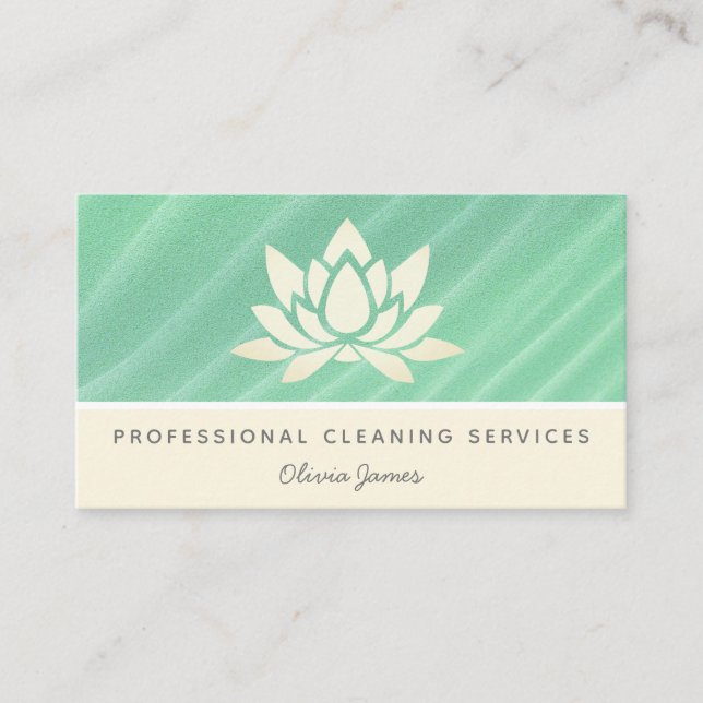 Carte De Visite Service de nettoyage vert lotus fleuri crème (Devant)