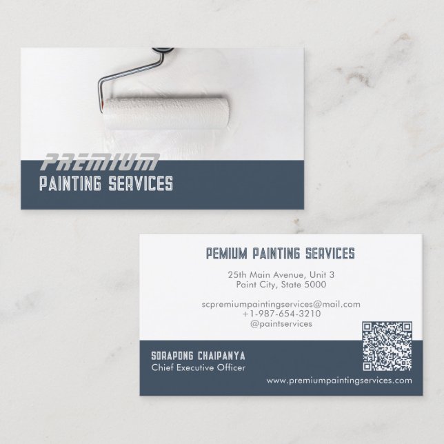 Carte De Visite Service de peinture à rouleaux blanc Bande bleue (Devant / Derrière)