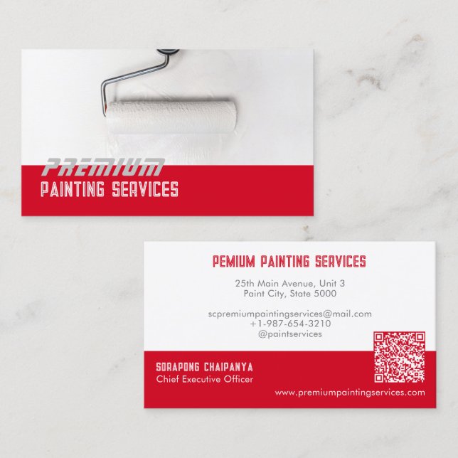 Carte De Visite Service de peinture à rouleaux blanc Bande rouge (Devant / Derrière)