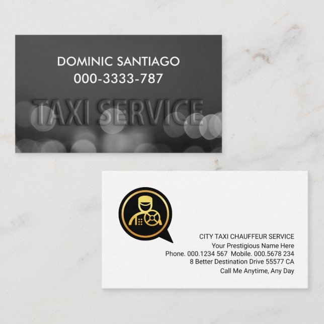 Carte De Visite Service de Taxi Embossé City Lights Bokeh (Devant / Derrière)