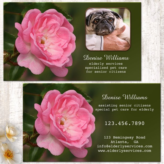 Carte De Visite Services aux aînés et soins aux animaux de compagn (Business card featuring a fresh pink rose on green - geriatric care, care giver, home care)