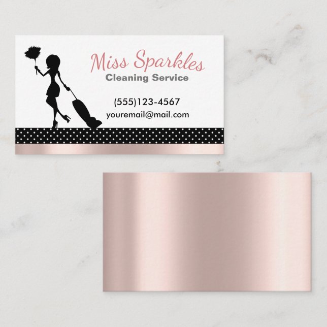 Carte De Visite Services Chic Polka Dot & Pink Foil Maid Cleaning  (Devant / Derrière)