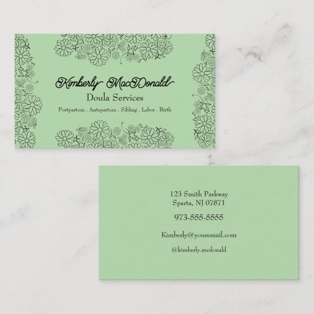 Carte De Visite Services de doula de script Vert Sauge (Devant / Derrière)