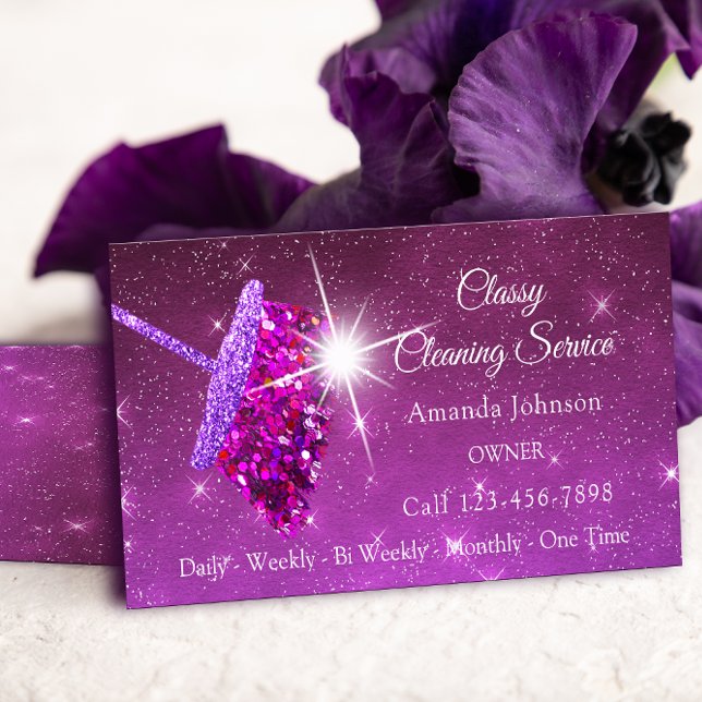 Carte De Visite Services de nettoyage classique Parties scintillan (Classy Cleaning Services Pink Purple Glitter Maid Business Card)