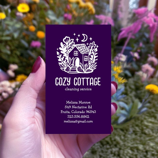 Carte De Visite Services de nettoyage de la maison mignonne Accuei (House Cleaning Services Cute Home Hand Drawn Logo Purple Business Card
)