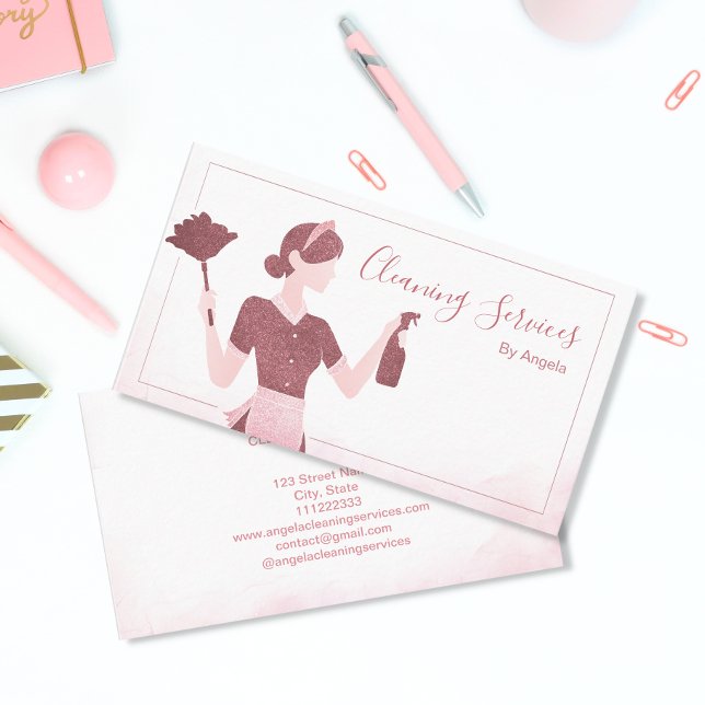 Carte De Visite Services de nettoyage de la maison Rose domestique (Créateur téléchargé)