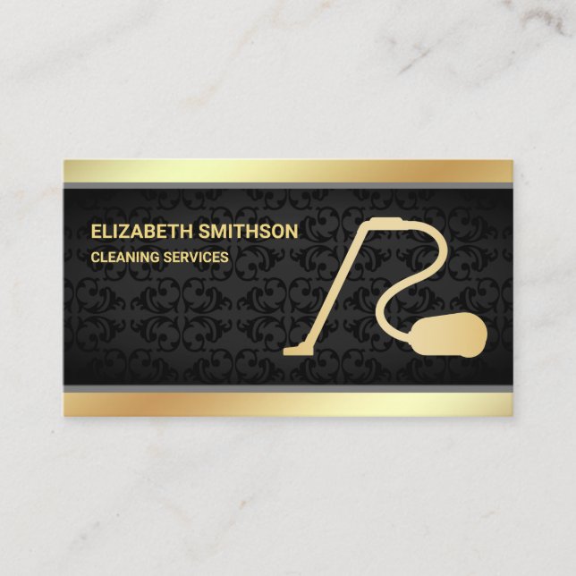 Carte De Visite Services de nettoyage de vide noir Damask Gold (Devant)