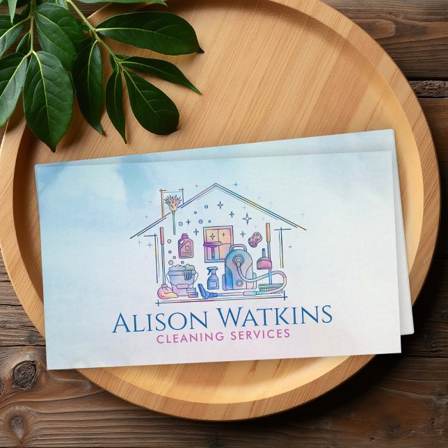 Carte De Visite Services de nettoyage - Design de style aquarelle  (Créateur téléchargé)
