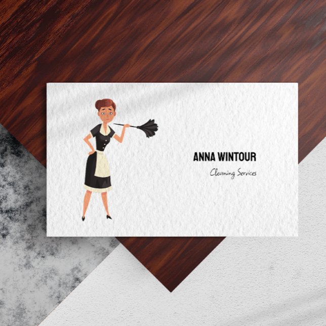Carte De Visite Services de nettoyage Illustration de femme de mén (Cleaning Services Maid Illustration Minimalist Business Card)