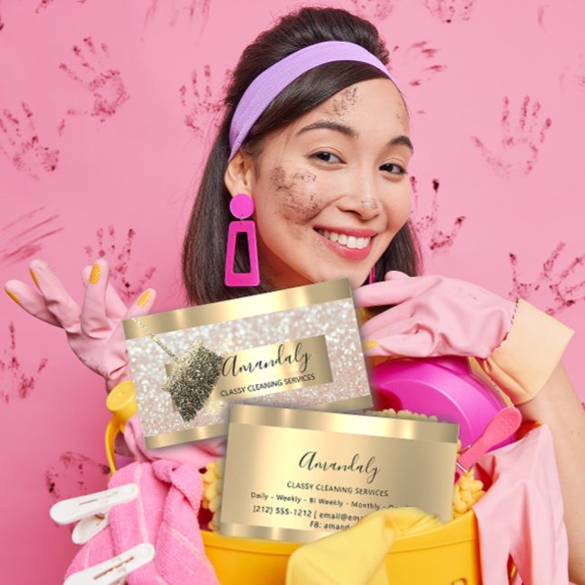 Carte De Visite Services de nettoyage Maid House Conserver Parties (Cleaning Services Maid House Keeping Gold Glitter Business Card)
