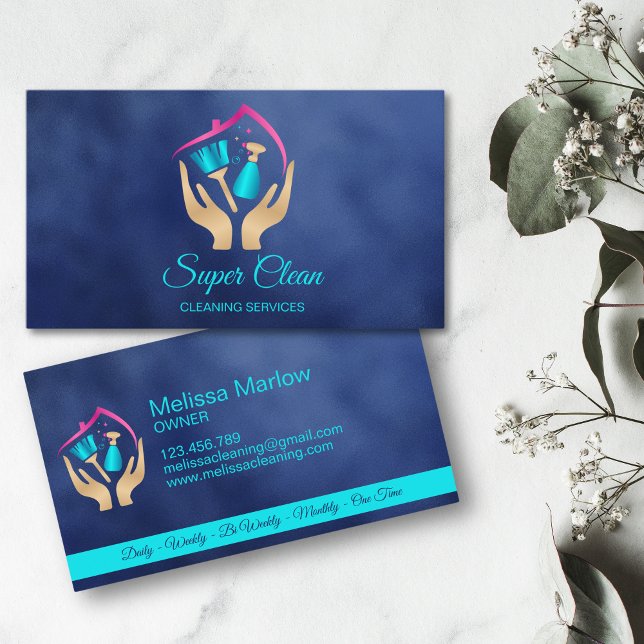 Carte De Visite Services de nettoyage professionnels de la maison  (modern logo gold hands holding house cleaning tools and roof)