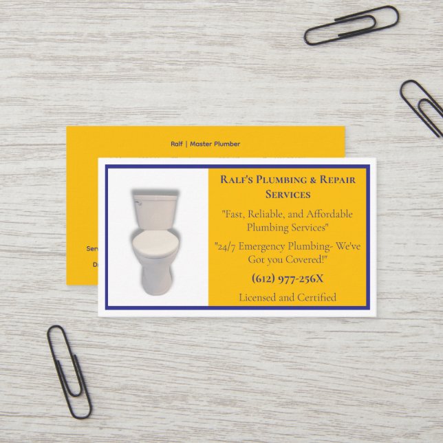 Carte De Visite Services de plomberie jaune et bleu (Devant/Arrière en situation)