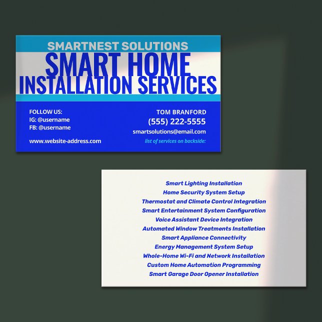 Carte De Visite Services d'installation Smart Home (smart home installation business card and bold blue design)
