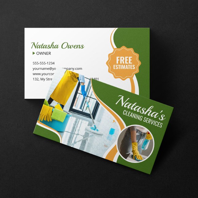 Carte De Visite Services professionnels de nettoyage vert et orang (Créateur téléchargé)