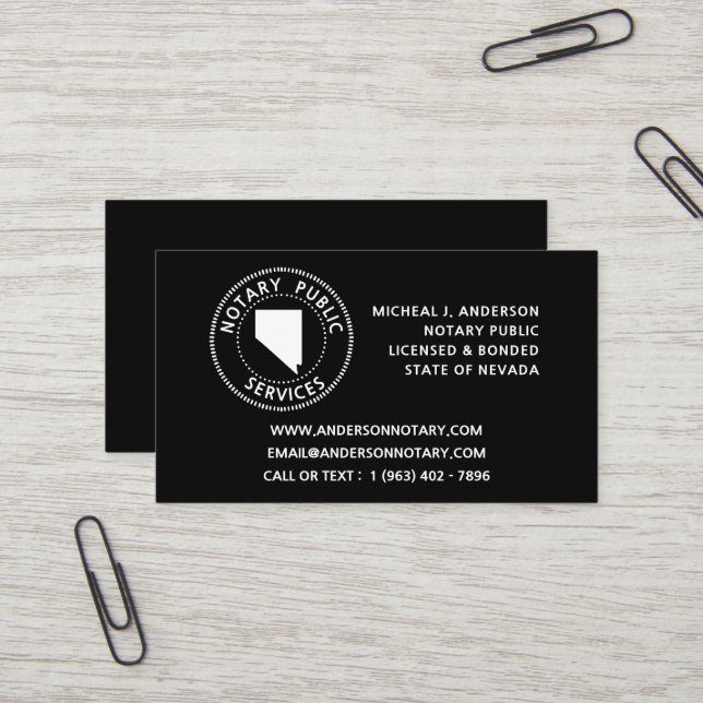 Carte De Visite Services publics notaires du Nevada (Devant/Arrière en situation)